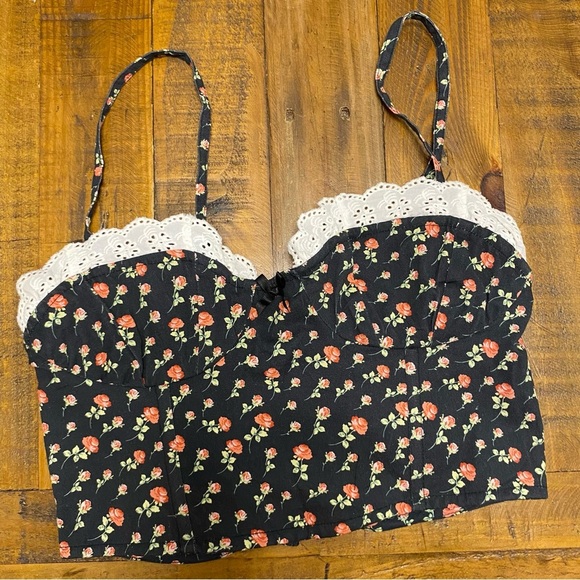 For Love and Lemons Camille Top Black Floral Crop Corset Flowers Roses Frills - Picture 10 of 14